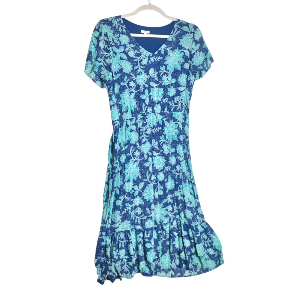 J. Jill Womens XL Blue Turquoise Floral Rayon V-Neck Ruffle Hem‎ Midi Dress